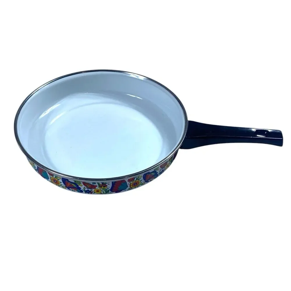 Vintage 70s Enamel Skillet Frying Pan Retro Floral Butterflies 10 inch